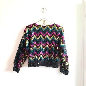 Vintage Caron Chicago Women Sequins Cropped Batwing Evening Party Blouse#